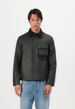 Dark green jacket with a brown corduroy collar, snap buttons, a chest pocket, and a straight fit. Smooth texture, casual design.