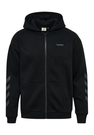 Schwarzer Hoodie mit durchgehendem Reißverschluss, Fronttaschen, Kapuze, "hummel" Logo auf der Brust und drei grauen Chevron-Streifen auf jedem Ärmel.