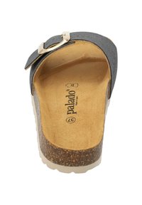 Gray sandal with a textured upper, cork footbed, and white sole. Features a silver buckle accent on the strap. Made by Palado.