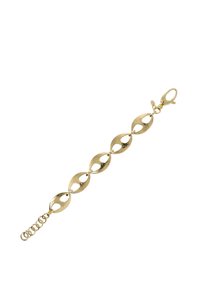 Goldene Kettenarmband mit ovalen Gliedern, die durchbrochene Designs aufweisen. Polierte Oberfläche mit einem Karabinerverschluss und verstellbarer Länge.