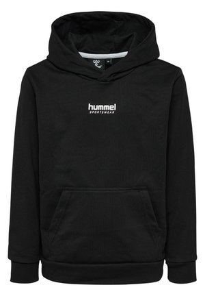 Zwarte hoodie gemaakt van zacht materiaal. Voorzien van een buidelzak en een wit "hummel sportswear" logo op de borst. Geribbelde manchetten.