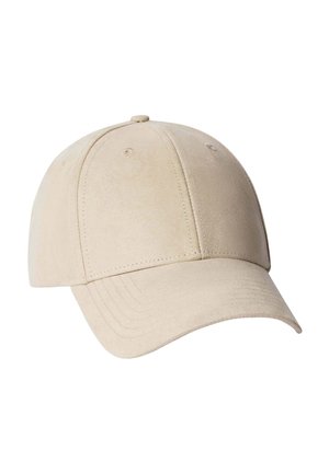 Béžová baseballová čiapka z brúseného semišu so šitými panelmi a zakriveným šiltom, zobrazená na bielom pozadí.