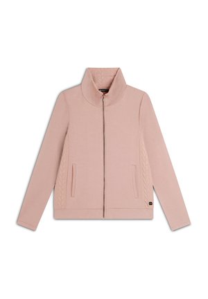 Giacca zip-up rosa chiaro con colletto alto, dettagli a treccia sui lati e due tasche frontali. Realizzata in tessuto morbido.