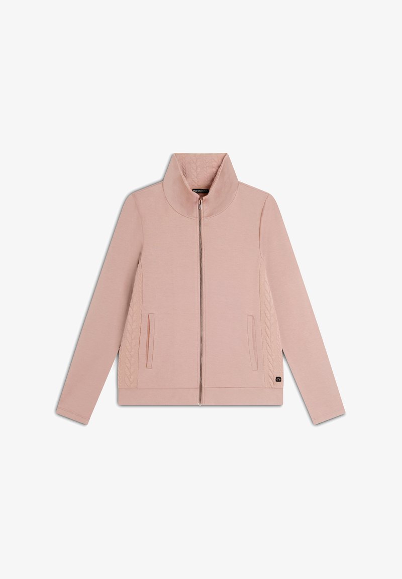 Giacca zip-up rosa chiaro con colletto alto, dettagli a treccia sui lati e due tasche frontali. Realizzata in tessuto morbido.
