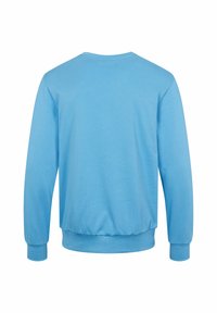 Sweat-shirt bleu uni à manches longues avec poignets et ceinture côtelés, montré de dos sur fond blanc.