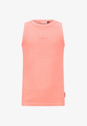 Débardeur sans manches pour tout-petit, côtelé, rose corail, avec encolure arrondie et petit écusson logo au centre de la poitrine.