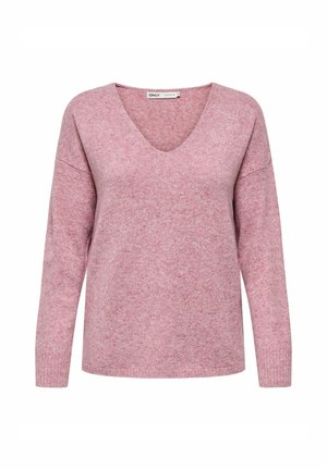 Maglione rosa lavorato a maglia con scollo a V, maniche lunghe e vestibilità rilassata. La texture è morbida e leggermente melange.