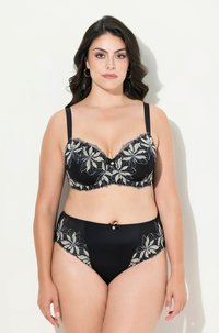 Zwart lingerieset met bloemenborduurwerk in goud en ivoor, met een kanten rand op de beha en een decoratieve strik op de slip.