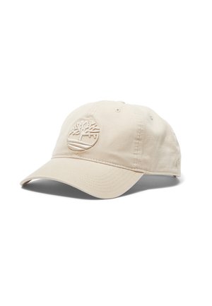 Casquette de baseball beige avec une visière incurvée et un logo arbre brodé à l'avant, présentée sur fond blanc.
