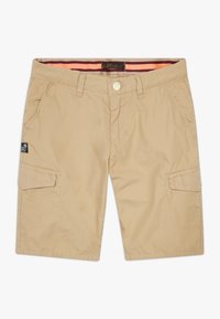 Pantaloni cargo kaki con chiusura a bottone, multiple tasche laterali e cintura interna con righe a contrasto. Realizzati in tessuto leggero.