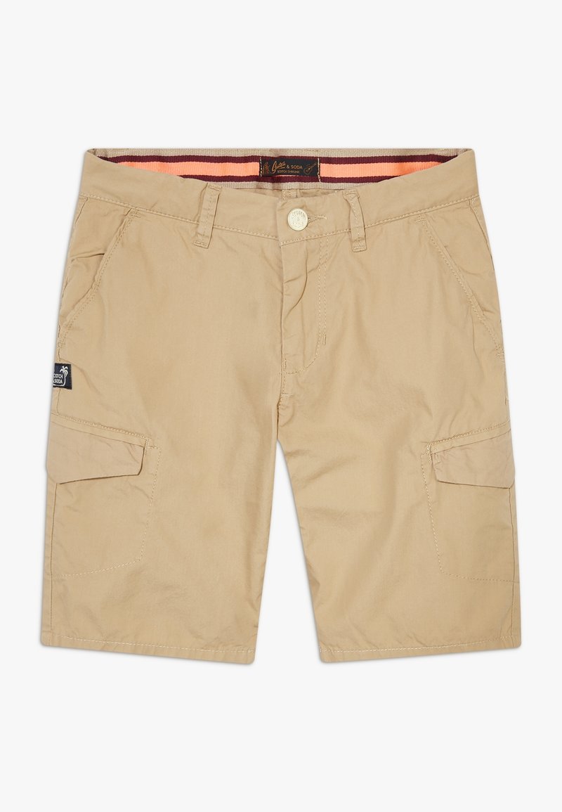 Pantaloni cargo kaki con chiusura a bottone, multiple tasche laterali e cintura interna con righe a contrasto. Realizzati in tessuto leggero.