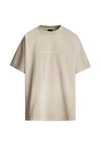 Beige Baumwoll-T-Shirt mit kurzen Ärmeln und Rundhalsausschnitt. Auf der Vorderseite ist der Text "RED BULL RACING" in hellgrau vorhanden. Einfaches Design.