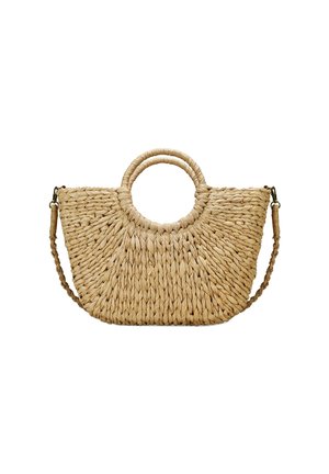 Bolso de paja tejido en color natural con un asa circular en la parte superior y una correa trenzada desmontable. Presenta un cuerpo ancho y estructurado con una superficie texturizada.