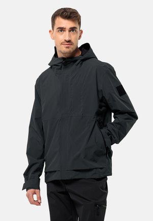 Black hooded jacket made of lightweight material, featuring a front pocket, side zip pockets, and a relaxed fit. Smooth texture, minimal design.
