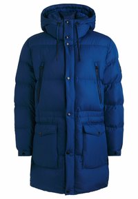 Puffy blue parka with a hood, front snap and zipper closures, two large front pockets, and drawstring details on the hood and waist.
