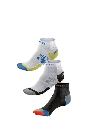 Three pairs of ankle sports socks in white with blue and yellow, white with gray and black, and black with red and blue accents.