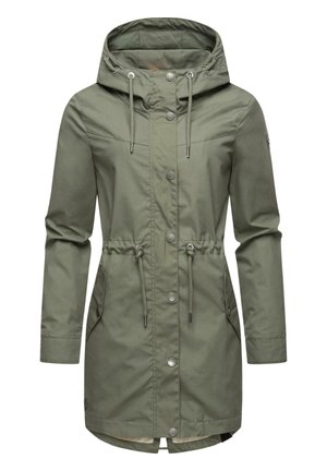 Long imperméable à capuche vert olive avec boutons-pression à l'avant, taille coulissante et poches des deux côtés.