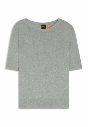 Maglione corto grigio chiaro a maniche corte realizzato in morbido tessuto a maglia. Presenta una scollatura ampia e orlo a costine, mettendo in risalto un design minimalista.