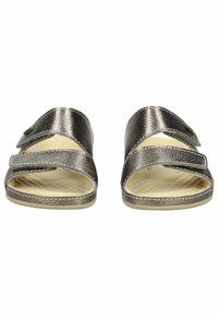 Bronzefarbene Rutschen-Sandalen mit zwei strukturierten Riemen, verstellbaren Klettverschlüssen und einer gepolsterten Innensohle für Komfort. Flache Sohlen.
