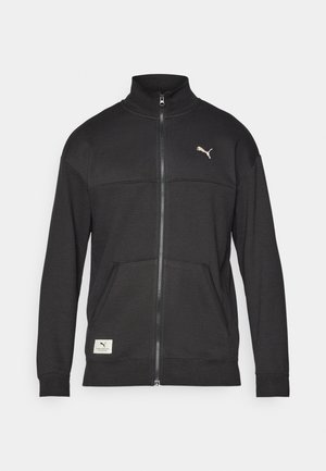 Black zip-up jacket made of textured fabric, featuring a high collar, side pockets, and a small logo on the chest.