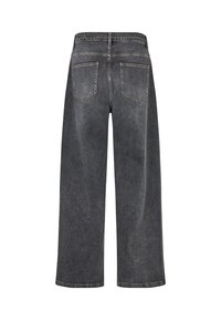 Schwarz-weite Denim-Jeans mit zwei Gesäßtaschen und sichtbaren Nähten, von hinten auf einem weißen Hintergrund gezeigt.