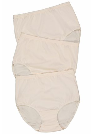 Drie paar lichtbeige katoenen onderbroeken met een gladde textuur, voorzien van een scalloped elastische tailleband en een ontwerp met volledige bedekking.