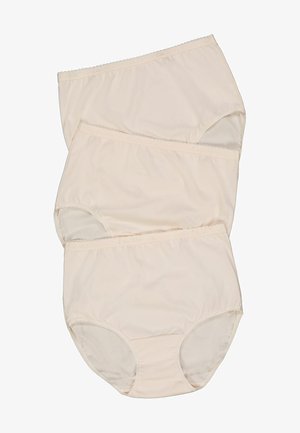 Drie paar lichtbeige katoenen onderbroeken met een gladde textuur, voorzien van een scalloped elastische tailleband en een ontwerp met volledige bedekking.