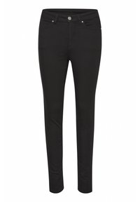 Svarta skinny jeans i denimtyg med normal midje, framfickor och knäppning med minimala sömdetaljer.