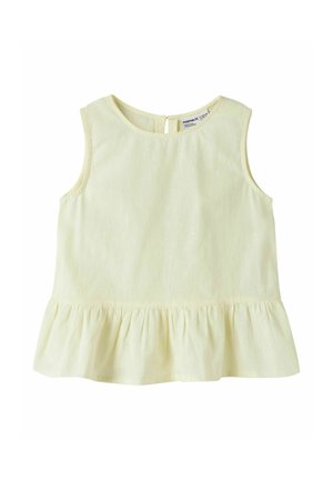 Detský tielkový top svetložltej farby bez rukávov s okrúhlym výstrihom a volánom na leme, zapínanie na gombíky na chrbte, vyrobený z mäkkej tkaniny.