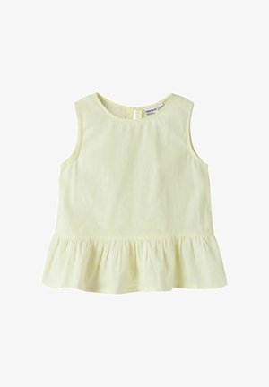 Haut sans manches jaune clair pour tout-petit avec encolure ronde et ourlet à volants, fermeture boutonnée au dos, en tissu doux.