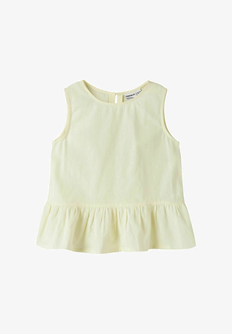 Detský tielkový top svetložltej farby bez rukávov s okrúhlym výstrihom a volánom na leme, zapínanie na gombíky na chrbte, vyrobený z mäkkej tkaniny.