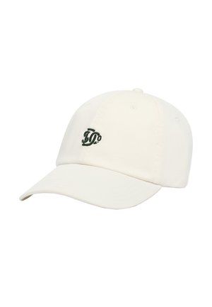 Cappellino da baseball bianco con visiera curva e iniziali ricamate nere "JD" al centro davanti.