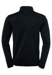 Pullover in pile nero con colletto alto, maniche lunghe e texture liscia. Nessun logo o motivo visibile. Design semplice e funzionale.