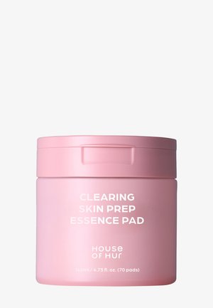 Rosa zylindrischer Behälter mit der Aufschrift Clearing Skin Prep Essence Pad von House of Hur, mit 70 Pads und einem Fassungsvermögen von 140 ml.