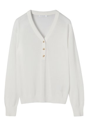 Beli dolgorokavnik z V-izrezom in tremi bež gumbi na sprednji manšetni režnji ter rebrastimi manšetami in spodnjim robom.