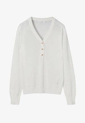 Beli dolgorokavnik z V-izrezom in tremi bež gumbi na sprednji manšetni režnji ter rebrastimi manšetami in spodnjim robom.