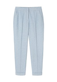 Lichtblauwe broek met een visgraatpatroon, taps toelopende benen, voorkruissingen en opgerolde boorden. Bevat zijzakken en een vlakke tailleband.