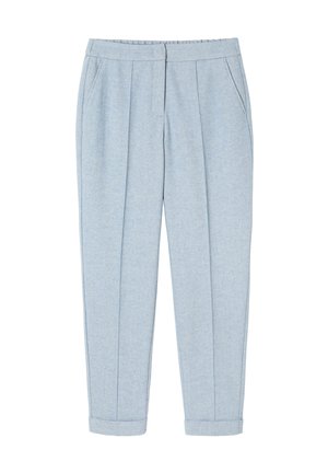 Light blue trousers featuring a herringbone pattern, tapered legs, front pleats, and rolled cuffs. Includes side pockets and a flat waistband.