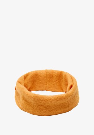 Pomarańczowa opaska na głowę wykonana z filcu, o szerokim, miękkim kroju, z fakturowaną powierzchnią i delikatnym zgięciem na górze dla wygodnego dopasowania.