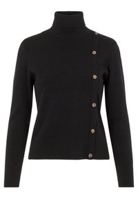 Schwarzer Rollkragenpullover mit langen Ärmeln, ausgestattet mit einem seitlichen Knopfverschluss mit fünf braunen Knöpfen und einer glatten, weichen Textur.