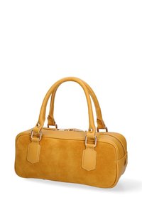 Borsa a mano gialla in suede con dettagli in pelle liscia, manici doppi, forma rettangolare e chiusura con zip. Presenta dettagli in metallo.