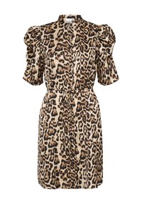 Leopardenmusterkleid in Beige und Schwarz, mit einem Kragen, puffartigen kurzen Ärmeln, einer durchgehenden Knopfleiste und einem gebundenen Taillendetail.