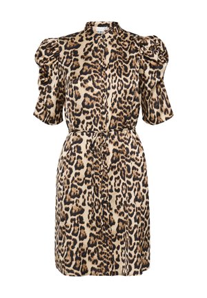 Haljina s leopard uzorkom u bež i crnoj boji, s ovratnikom, napuhanim kratkim rukavima, prednjim kopčanjem na dugmiće i detaljem oko struka vezanjem.