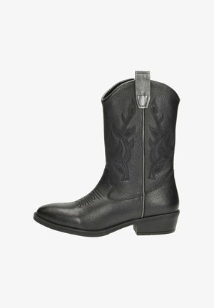 Black leather cowboy boot with embossed floral design, pointed toe, low stacked heel, and pull tab on the collar for easy wear.