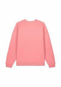 Felpa rosa con scollatura rotonda, maniche lunghe, polsini a coste e una texture morbida. Presenta un design semplice senza motivi o dettagli.
