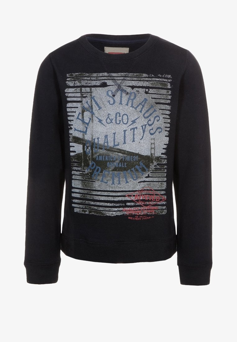 Schwarzer Sweatshirt mit Grafikdruck, bestehend aus Text und Streifen. Material aus Baumwollmischung, Rundhalsausschnitt, lange Ärmel, gerippte Bündchen und Saum.