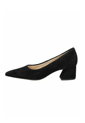 Black suede pump with a pointed toe and a wide, angular block heel. The design features a smooth texture and minimal accent detailing.
