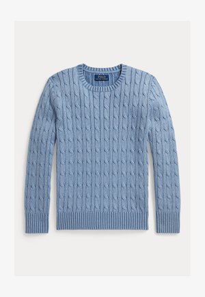 Light blue cable-knit crewneck sweater with long sleeves and ribbed cuffs and hem, Polo Ralph Lauren label inside neckline.