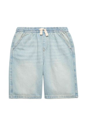 Lyseblå denimshorts med elastisk talje og hvid snor, med forlommer og afslappet løs pasform.