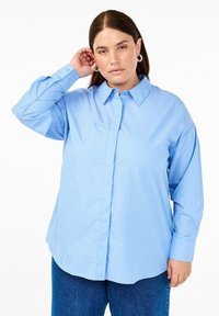 Camicia button-up azzurro chiaro con sottili righe bianche, caratterizzata da un colletto classico e maniche morbide, realizzata in tessuto morbido misto cotone.